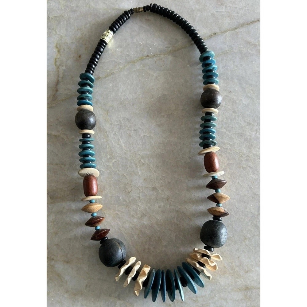 Vtg Chunky Necklaces One Mixed Metal 3 Strand And A Wood Piece Made Philippines - Picture 2 of 16